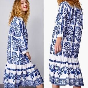 COPY - Zara Santorini blue and white embroidered drop hem shirt dress XS.